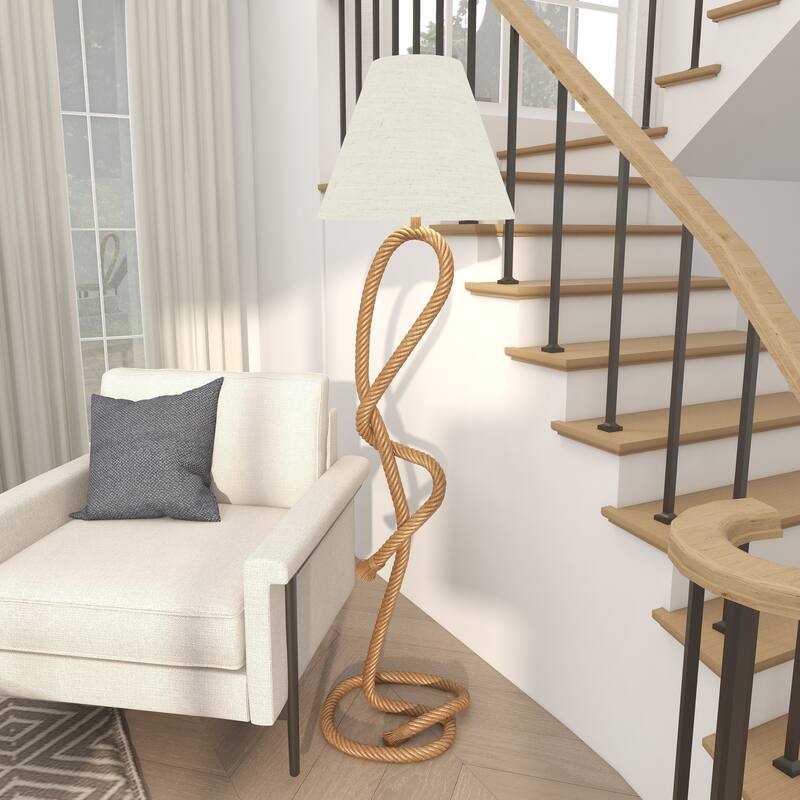 Jute Rope Twisted Rope Floor Lamp with Cream Linen Shade - Brown - Roche River Decor