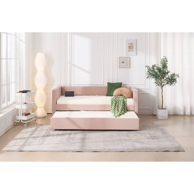 Twin Size Velvet Daybed with Trundle, USB Charging Port & Side Pockets, Modern Upholstered Sofa Bed with V-Pattern Backrest