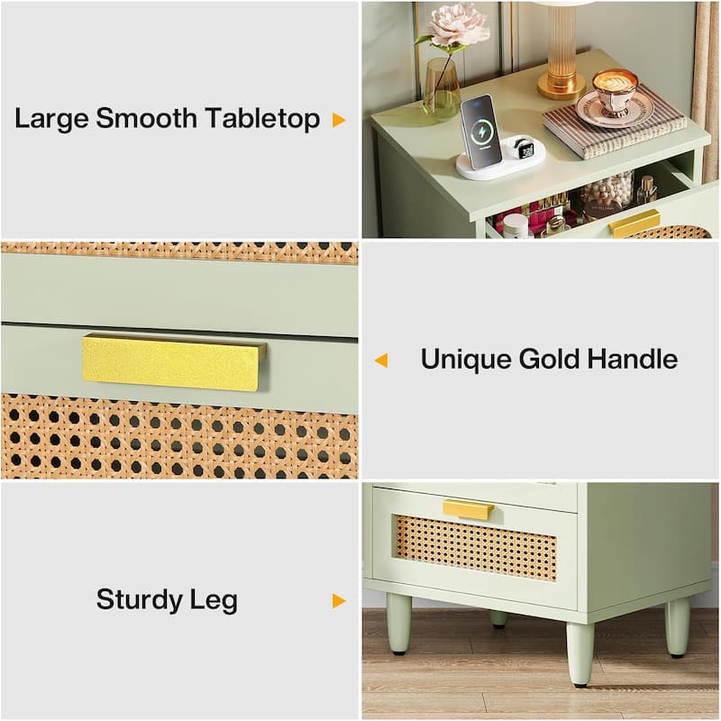 Rattan Nightstand, 3-Drawer Storage Bedside/End Table for Bedroom, Living Room, Sofa Side & Office