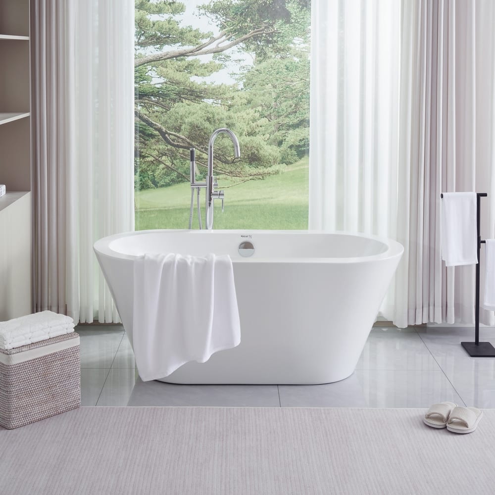 Vanity Art 59.1" Freestanding Acrylic Bathtub Modern Stand Alone Soaking Tub with Polished Chrome Round Overflow & Pop-up Drain