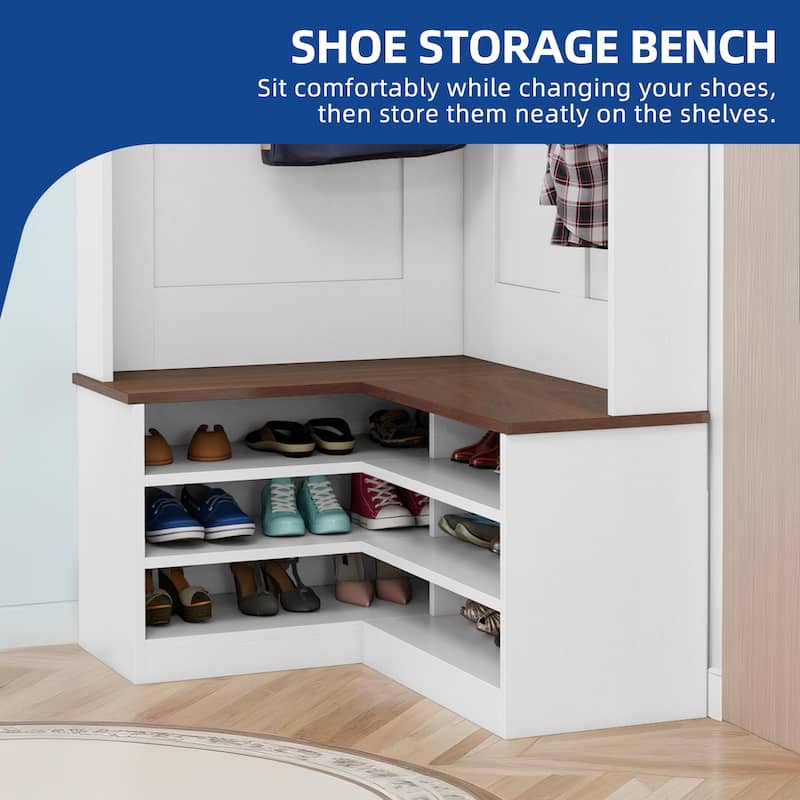 Moasis Corner Hall Tree Coat Rack with Shoes Storage Bnech for Hallway