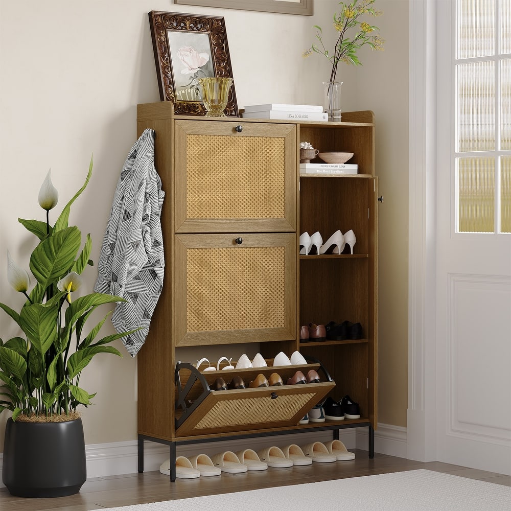 Rattan Shoe Cabinet with 3 Flip Drawers and 4-Tier
