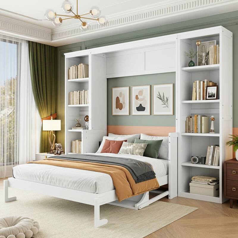 Murphy Bed with Built-In Desk and Bookshelf by Harper&Bright Designs - White - Full