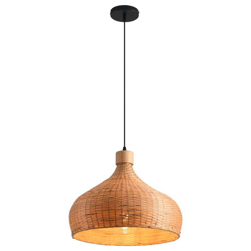 1-Light Retro Brown Handmade Bamboo Woven Dome Hanging Pendant Light - 17.7" W x 59" H