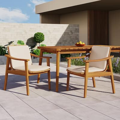Set of 2 Outdoor Acacia Wood and Wicker Dining Chairs with Cushions