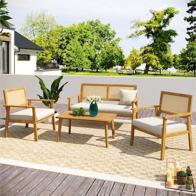 Natural Wood Wash 4-Piece Elegant Acacia Wood Sofa Set with Wicker Mesh Backrest, Beige Cushions, and Coffee Table