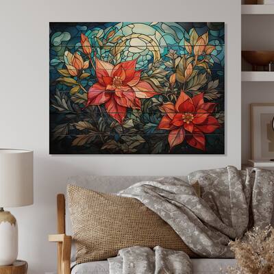 Designart "Poinsettia Flower Stained Glass I" Floral Print on Natural Pine Wood
