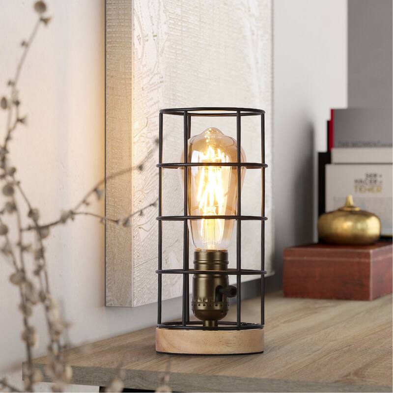 Retro Industrial Minimalism Small Table Lamp for Bedroom Bedside and Living Room, Wood Base Cute Mini Table Edison Desk Lamp