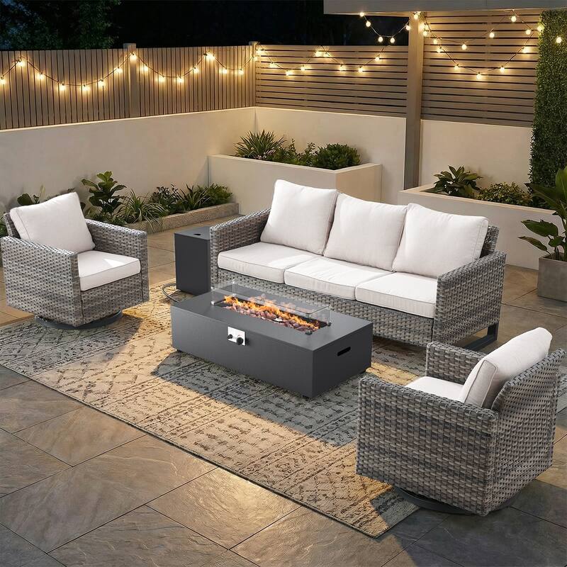 Pocassy 5 Piece Ptio Sofa Swivel Chair with Fire Pit Table - Gray Wicker Beige Cushion - 5-Piece Sofa Swivel Chair with Fire Pit Table
