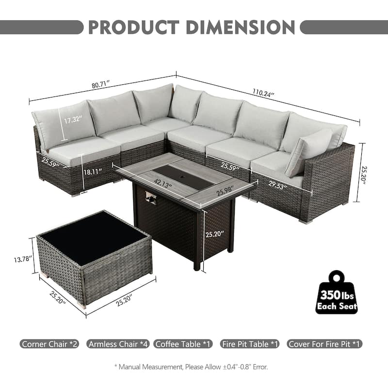 HOOOWOOO 8-piece Grey Wicker Patio Furniture Set Sectional Sofa with Fire Pit Table