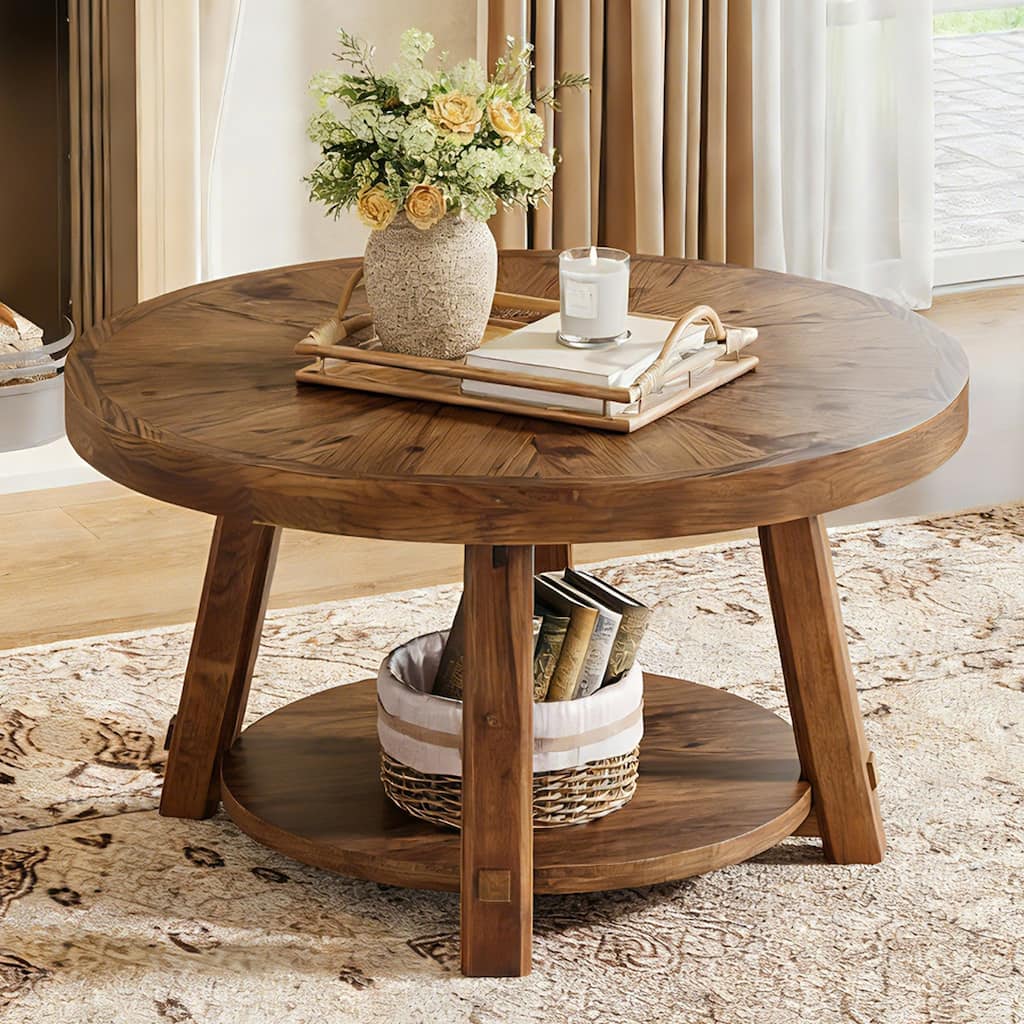 Solid Wood Round Coffee Table with Storage, 1.97'' Thickness Tabletop