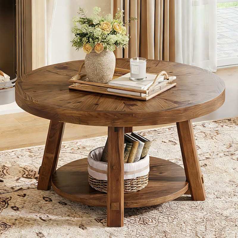 Solid Wood Round Coffee Table with Storage, 1.97'' Thickness Tabletop - Brown