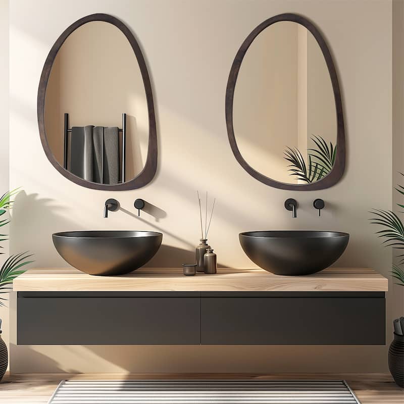 Industrial Irregular Wall Hanging Mirror Walnut Wood Frame Farmhouse Accent Mirror