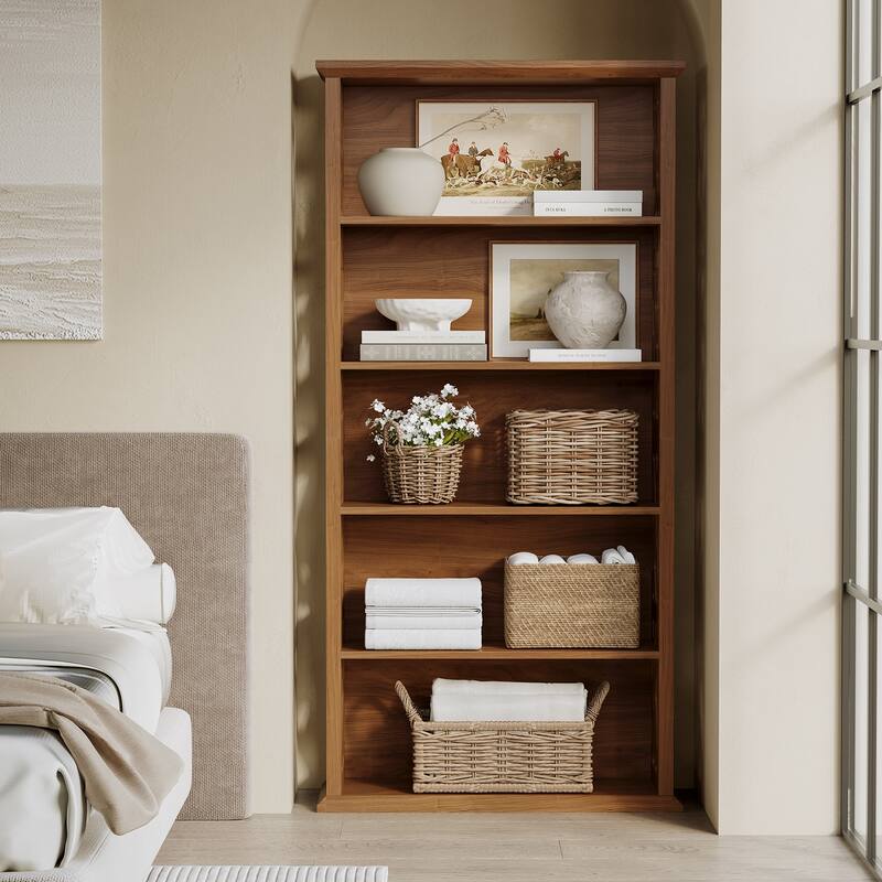 Farmhouse Wooden 5-Shelf Bookshef Bookcase for Living Room - Brown