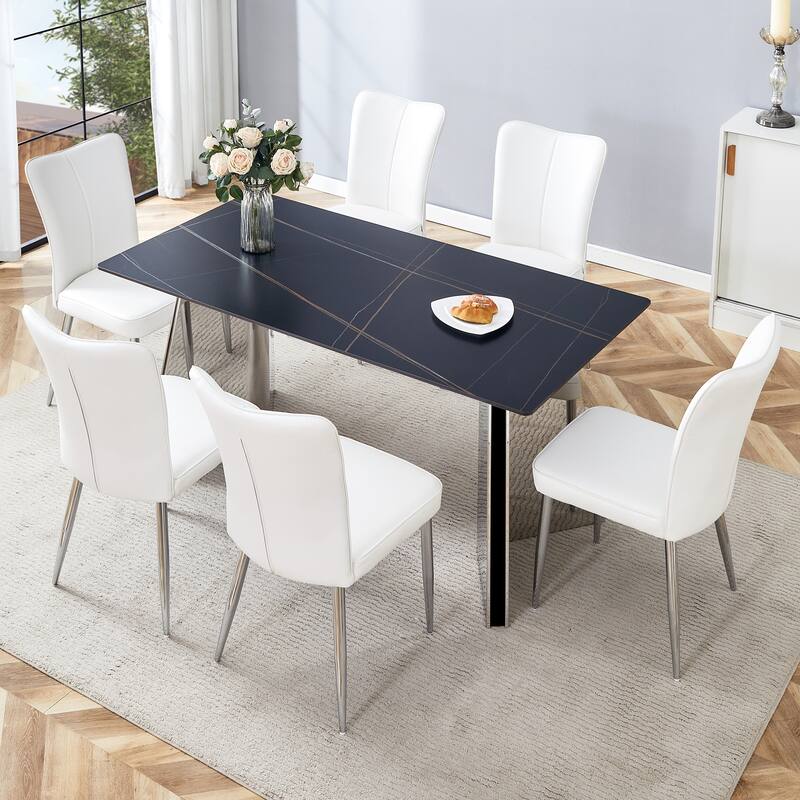 Modern Style Dining Set with Rectangular Stainless Steel Butterfly Legs Table and Vertical Stripe Dining Chairs
