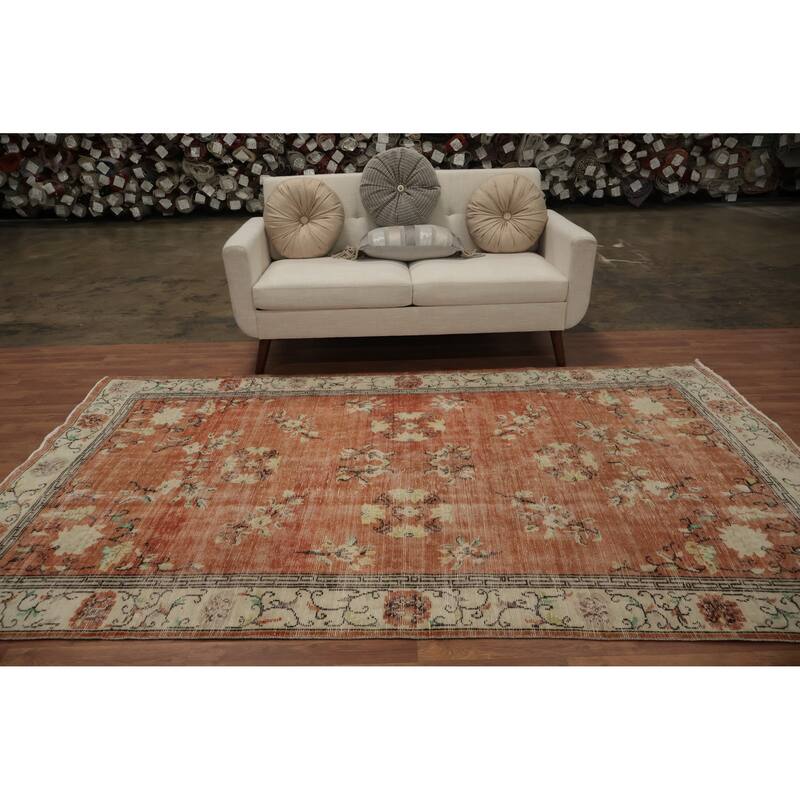 Hand Knotted Oriental 100% Wool Carpet Transitional Floral Oranges & Rust Anatolian Area Rug - 9' 3'' X 5' 6''