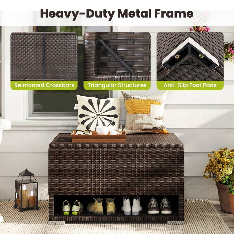 Gymax 48 Gallon PE Wicker Rattan Deck Box w/ Shoe Rack Outdoor Storage