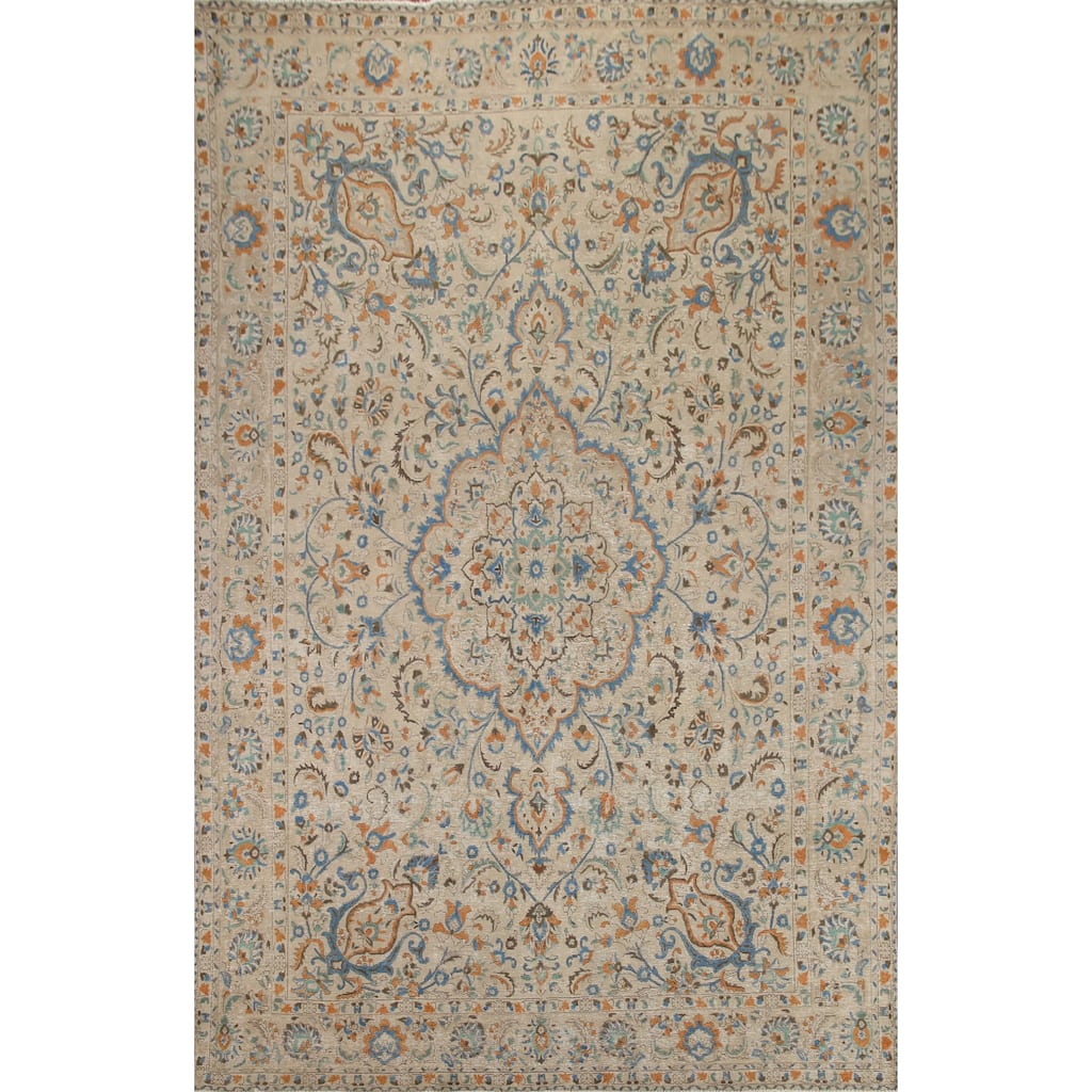 Hand Knotted Oriental 100% Wool Carpet Traditional Floral Beige & Ivories Tabriz Area Rug - 13' 1'' X 9' 9''