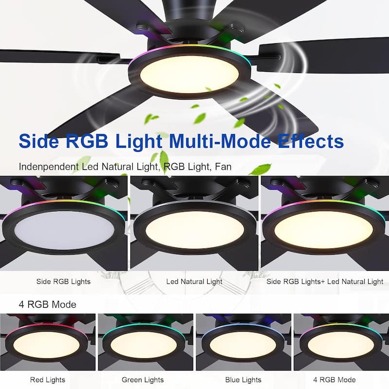 52 Inches RGB Flush Mount Ceiling Fan with Light,Reversible DC Motor for Bedroom Living Room Patio - 52 Inches