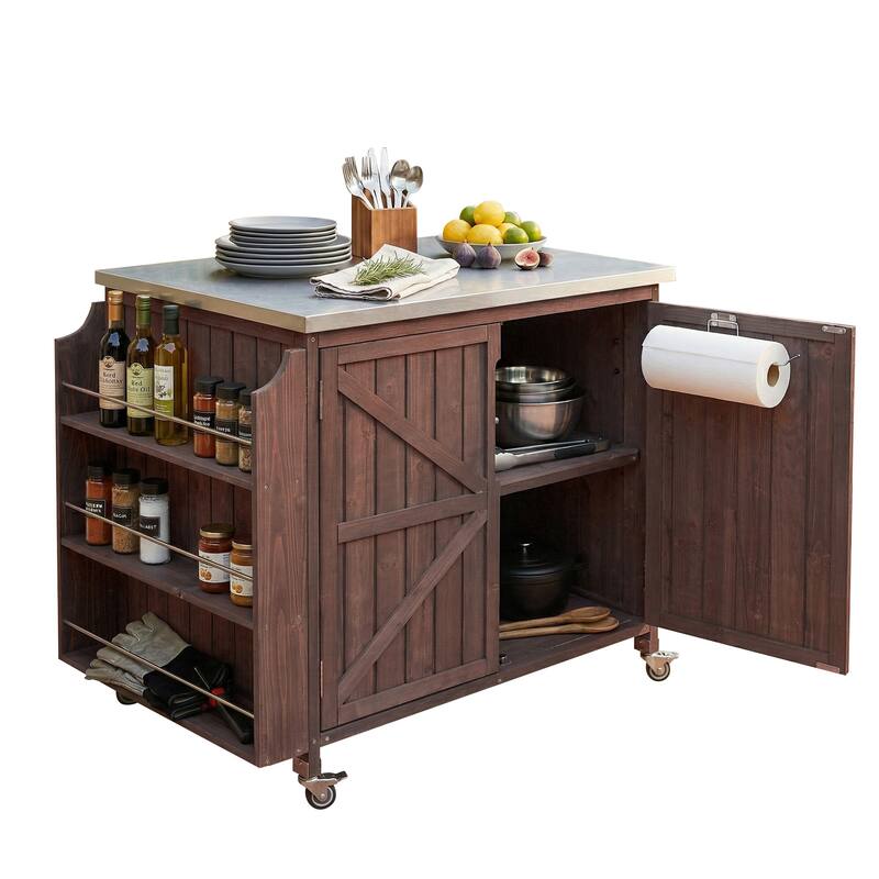42.1" Outdoor Kitchen Island with Side Shelf, with Storage Cabinet, Outdoor Kitchen Cabinet, Adjustable Shelf and 4 Wheels