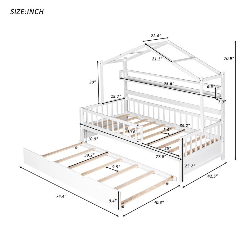 Twin Pine House Bed with Trundle, Shelf & Guardrail