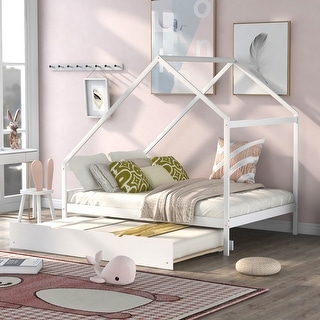 Full Size Wooden House Bed With Trundle and Roof for Kids, Boys and Girls