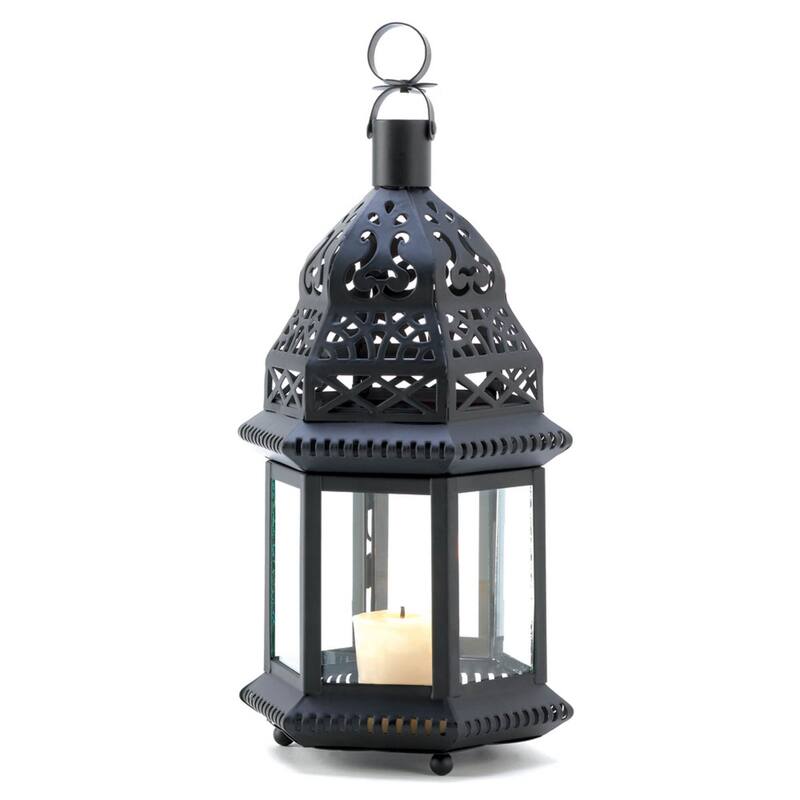 10.5" Charcoal Black Moroccan Hanging Candle Lantern