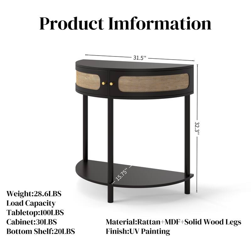 31.5" Half Moon Console Table with Sliding Rattan Doors, 2 Storage Cabinets and Bottom Shelf for Entryway or Living Room