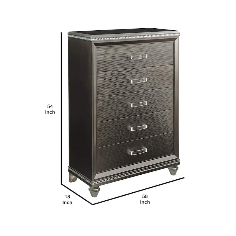 Contemporary 5 Drawer Wooden Chest with Mirror Trim Details, Brown