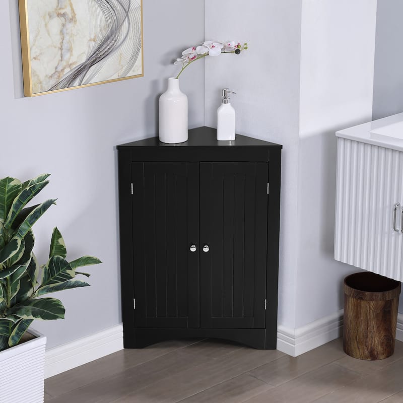 Corner Cabinet with Doors and Shelves - Black