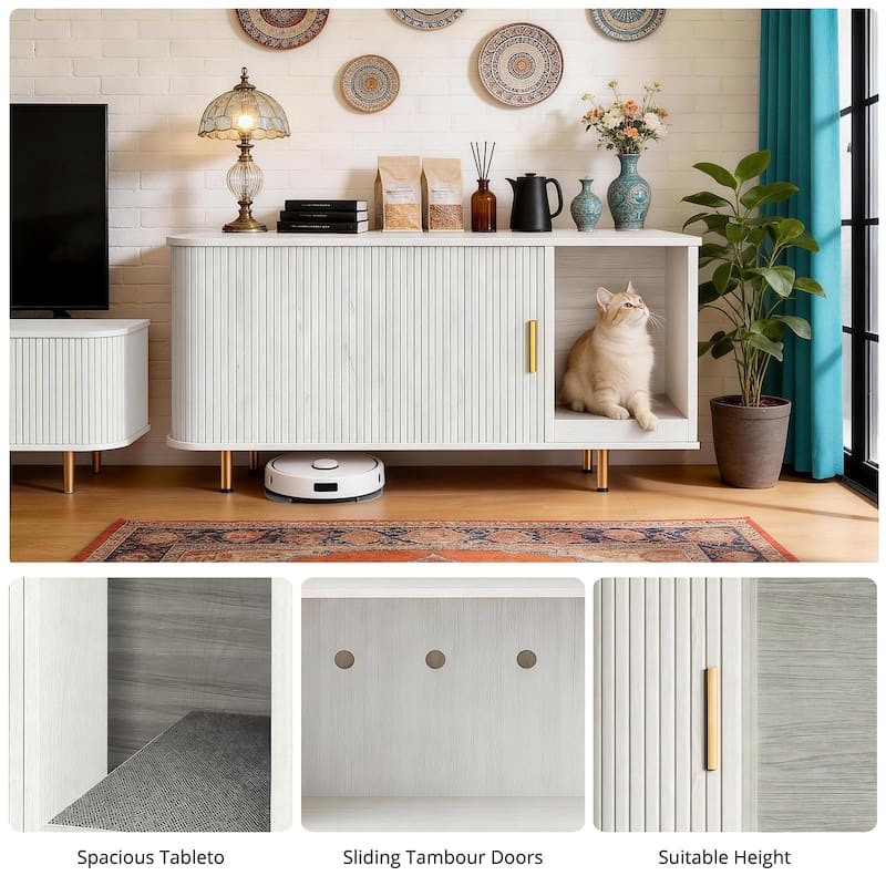 38.5" Cat Litter Box Enclosure with Scratch Pad and Sliding Door,Cat Hidden Litter Box Cabinet,Modern Indoor Cat House,TV Stand
