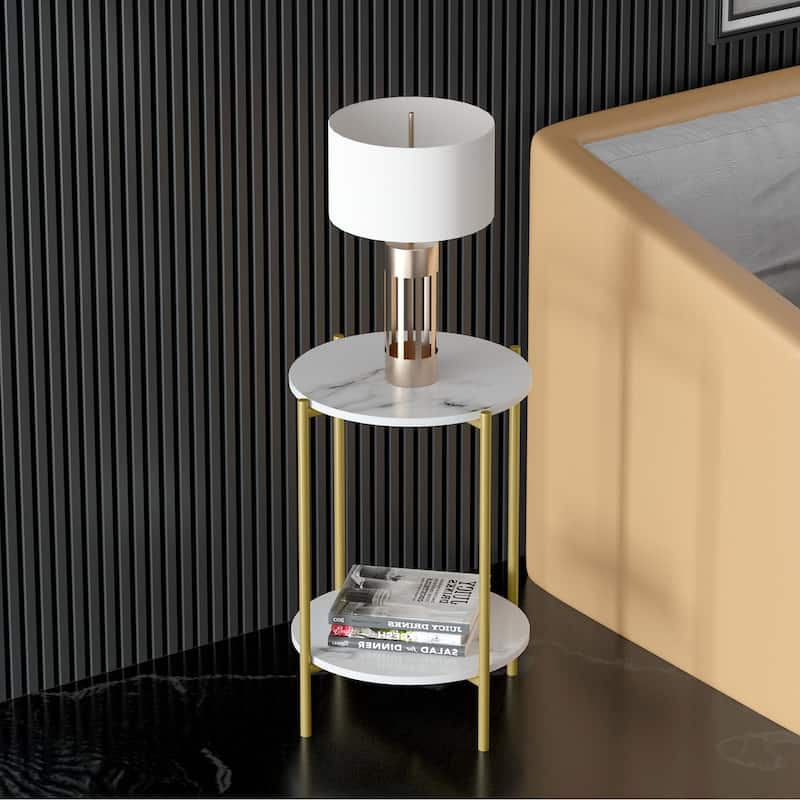 Round Faux Stone End Table with Storage with Gold Metal Legs