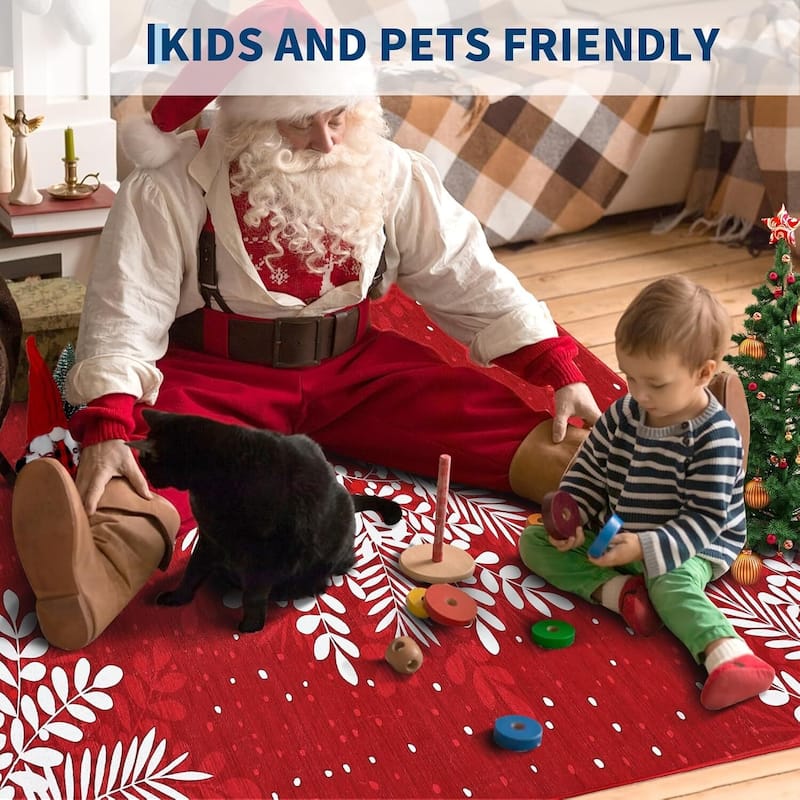 Christmas Snowflake Washable Area Rug, for Holiday Decor, Red