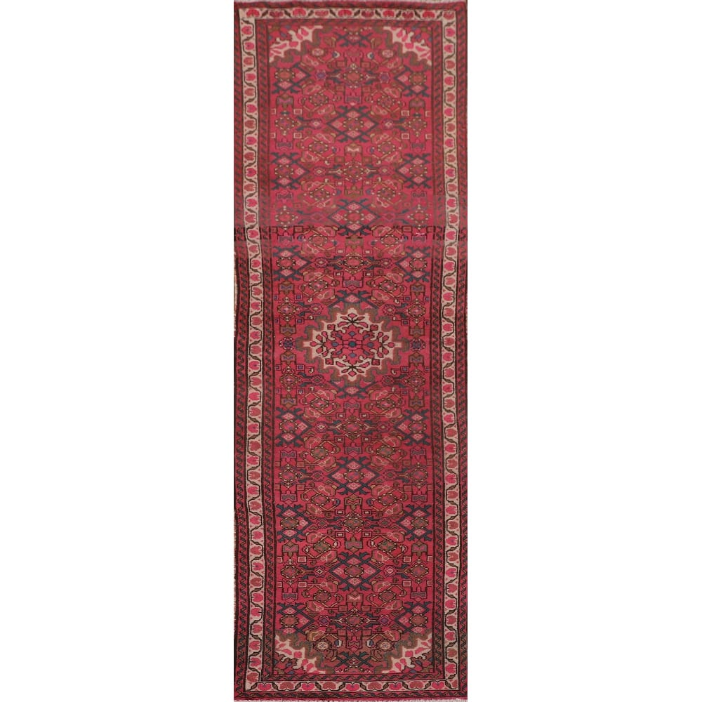 Fuchsia Hamedan Persian Vintage Runner Rug Handmade Wool Carpet - 2'7"x 9'10"