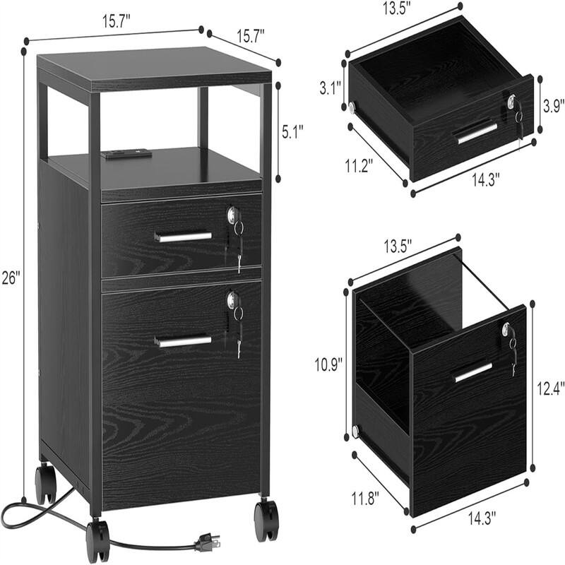 File Cabinet with Lock Charging Station 2 Drawers Rolling Filing Cabinet - 15.7"D x 15.7"W x 26"H
