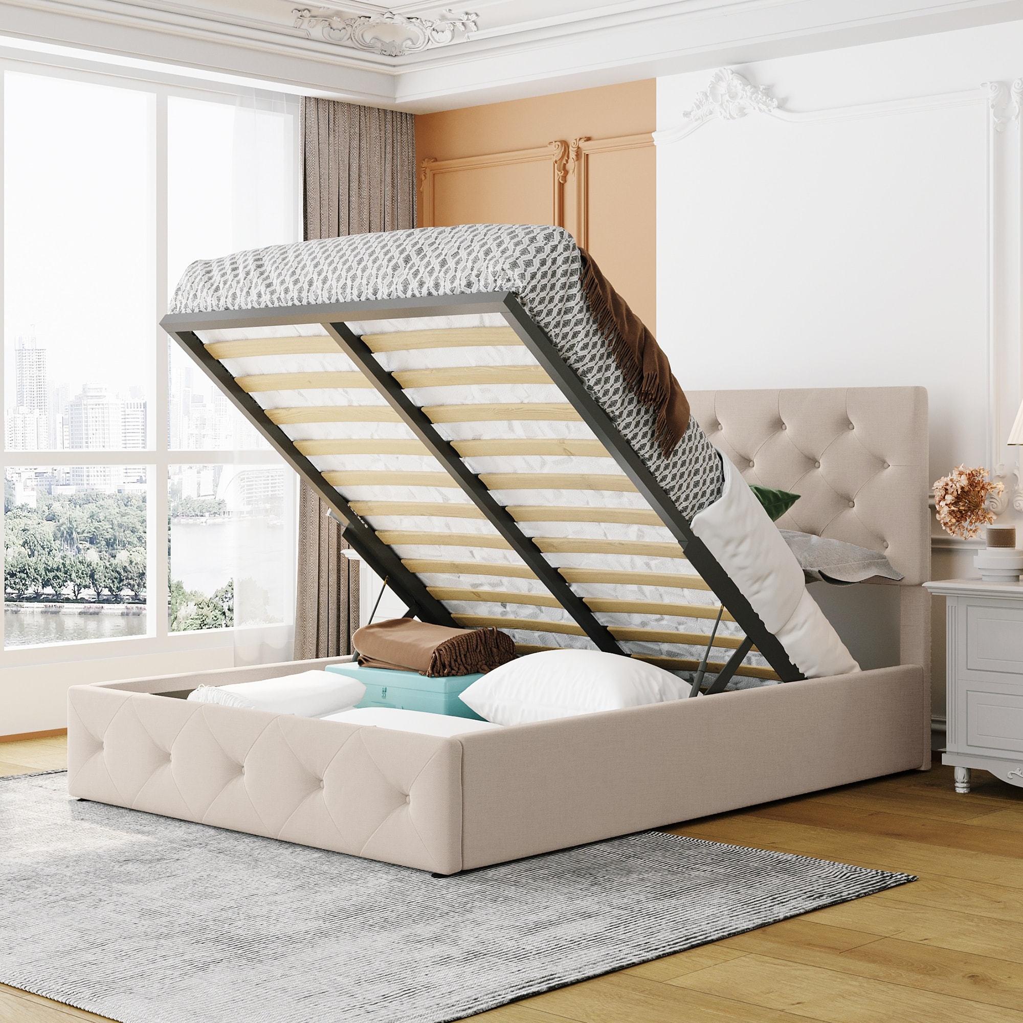 Full Size Line Upholstered Platform Bed with Hidden Storage Space Headboard and Solid Wood Frame