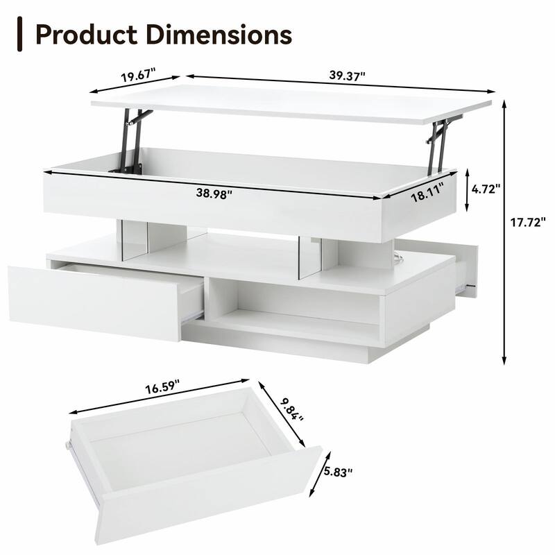 39.3" Lift Top Coffee Table with Hidden Compartment, 2 Storage Drawers and Adjustable LED Lights