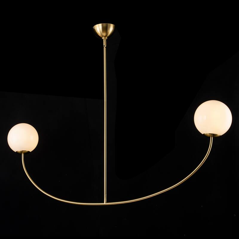 55" Modern Linear 2-Light Brass Finish Island Pendant with Milk White Glass Globe Shades for use in Dining Room