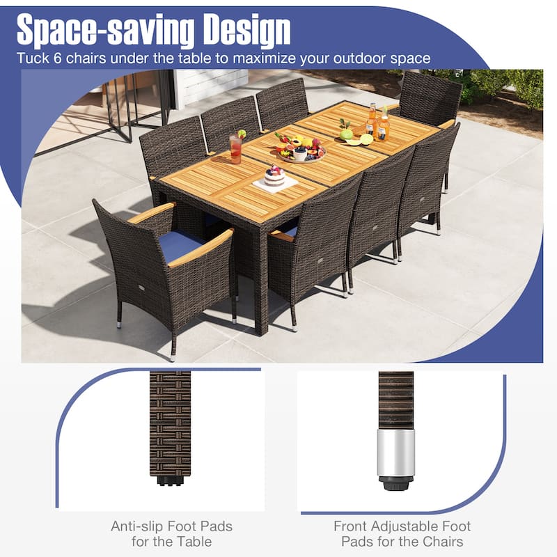 Gymax 9 Pieces Patio PE Wicker Dining Set Outdoor Acacia Wood Table &