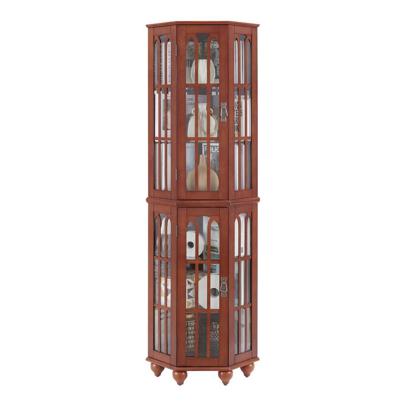 Lighted Corner Curio Cabinet, Wooden Accent Storage Cabinet, Display Cabinet with Tempered Glass Shelves & Mirrored Back