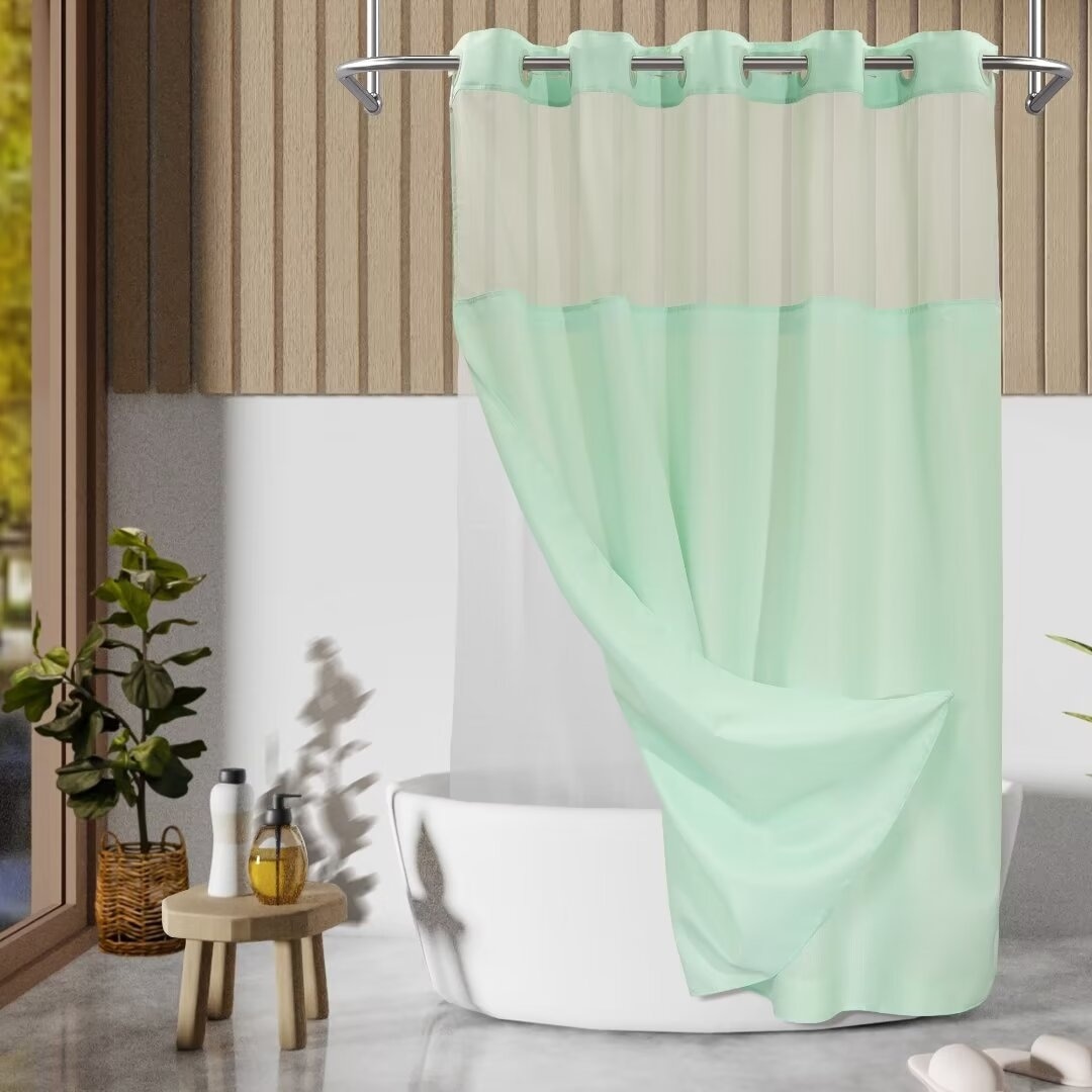 No Hooks Required Slub Textured Shower Curtain with Snap-in