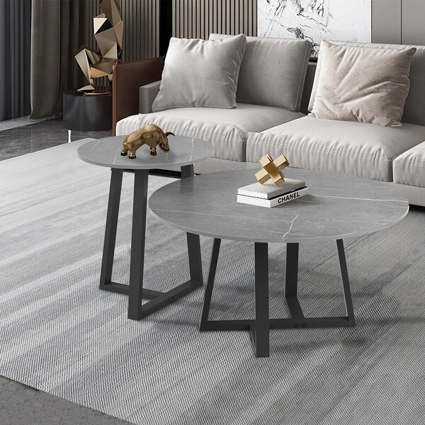 Set of 2 Round Nesting Tables Sintered Stone Marble Coffee Table