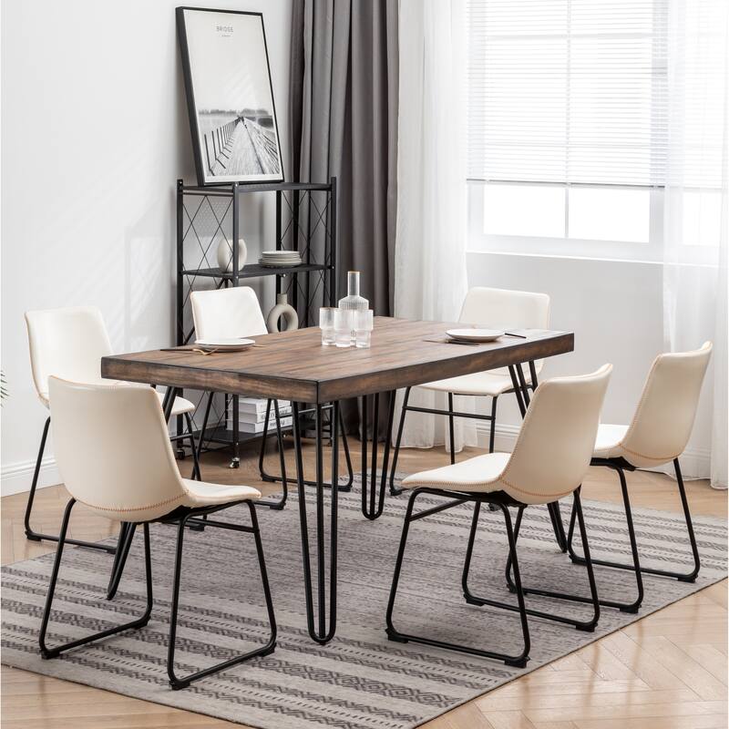 7-Piece Industrial Retro Dining Table and Chair Sets with Metal Legs and Rubber Footpads for Lofts Kitchens Dining Rooms