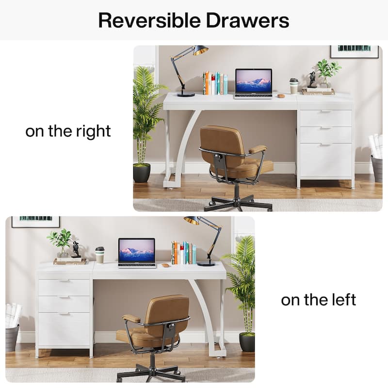 59 inch Reversible Computer Desk with 3 Drawer Cabinet, Industrial Study Writing Table Workstation for Home Office Bedroom