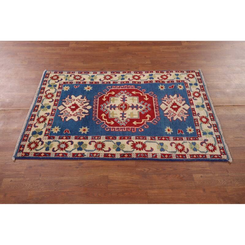 Geometric Kazak Foyer Rug Hand-Knotted Traditional Blue Wool Carpet - 2'7" x 3'11"