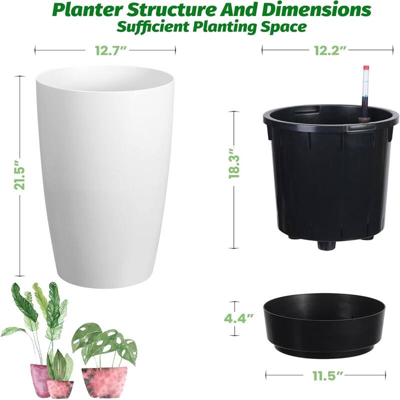 Set of 2 22-in Tall Self-Watering Planters with Water Level Monitor and Inner Bucket for Outdoor Patio Porch and Backyard White