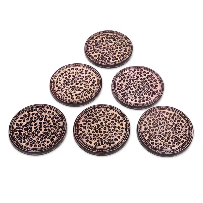 NOVICA Artisan Handblown Wood Batik Coasters Indonesian Cream Black Ivory Tableware Barware 'Paddy Harvest'(Set Of 6)
