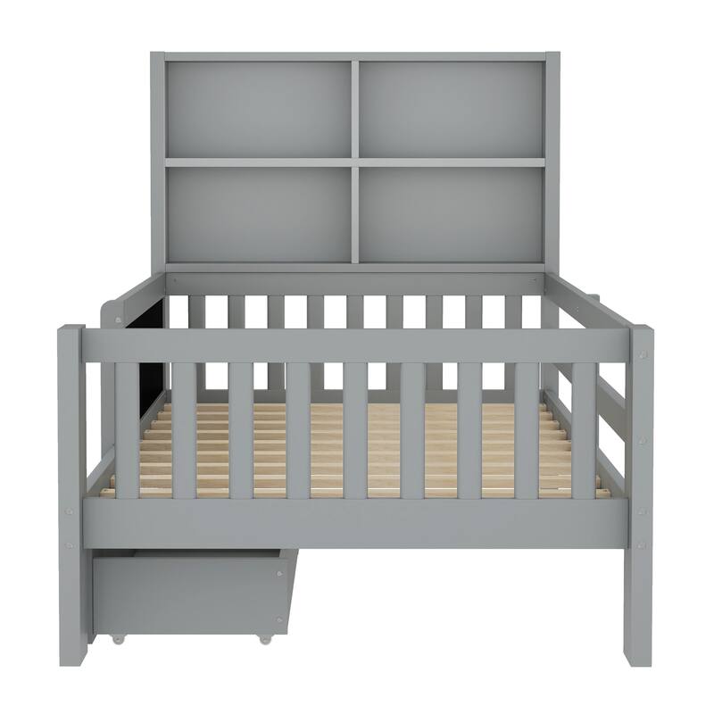 Childlike Fun Solid Wood Low-profile Platform Bed Storage Bed Frame with Side Chalkboard, Open Shelves, Drawers and Guardrails