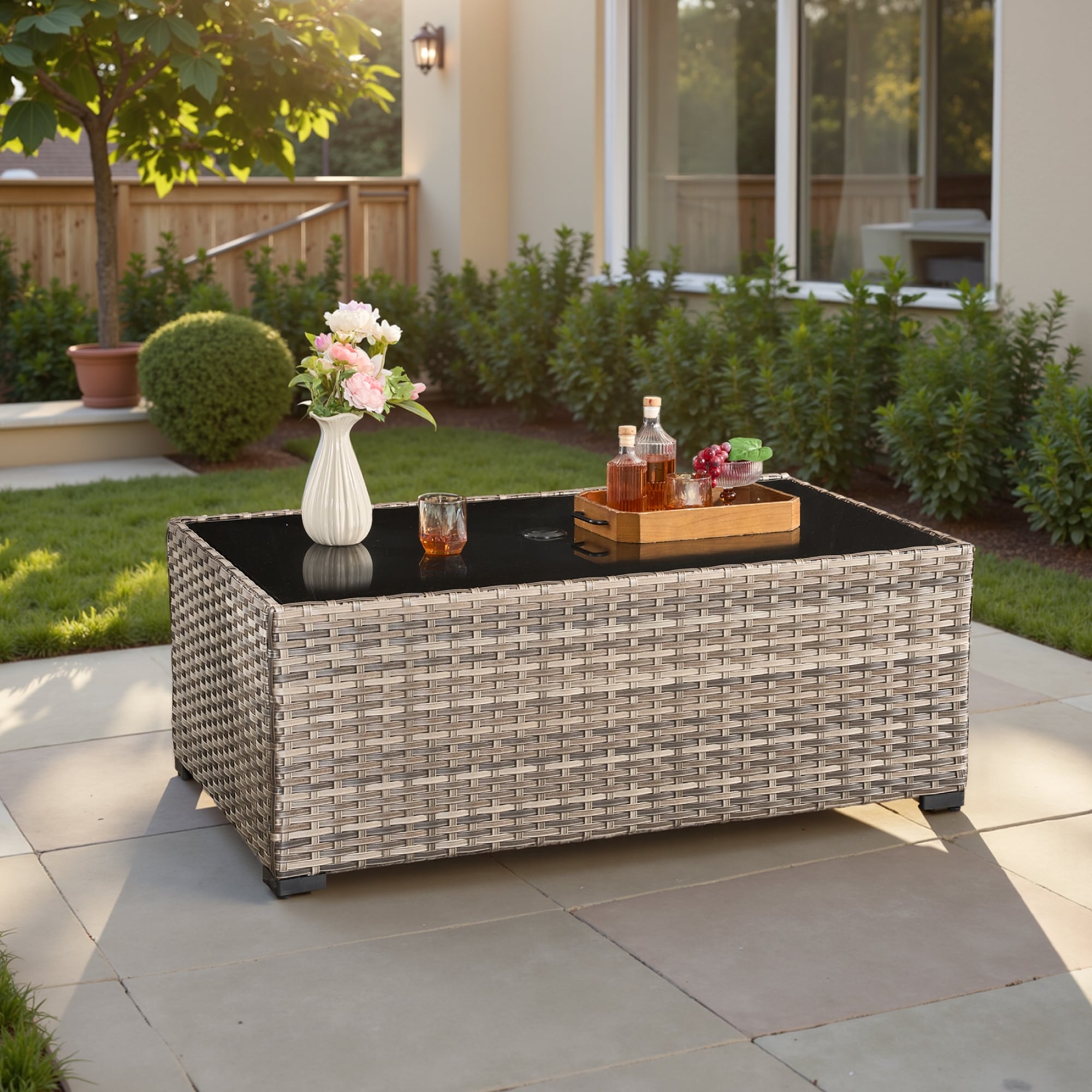 ​​OVIOS Rectangle Wicker Patio Coffee Table with Umbrella Hole