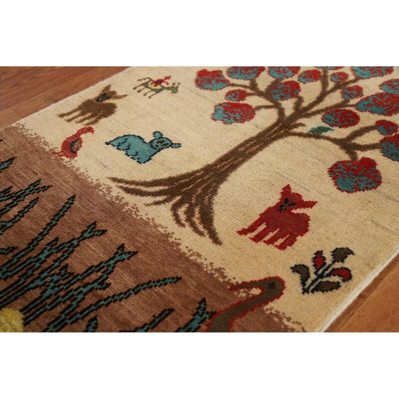 Animals Pictorial Kazak Oriental Foyer Rug Handmade Beige Wool Carpet - 2'0" x 3'0"
